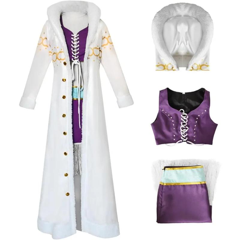 Women Nicos Robin Cosplay Costume, Anime Purple Dress Uniform White Cloak Punk Outfit Halloween for Adult, Novelty Use Costumes