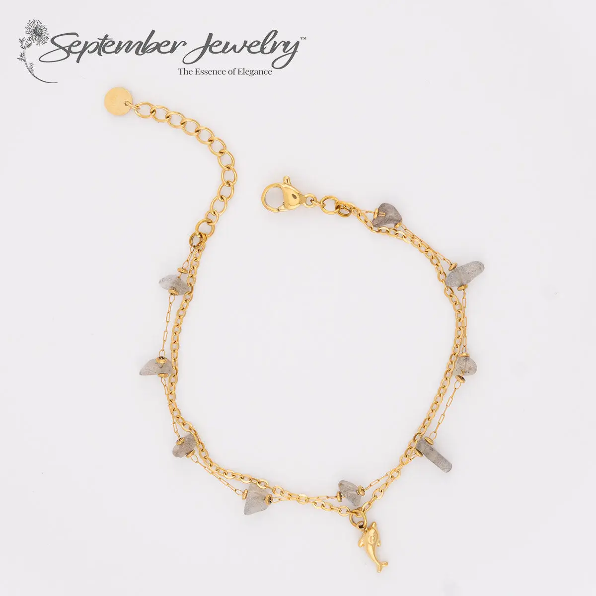 Grey Moonstone Double Chain Bracelet with Pendant – 14K Gold Plated Stainless Steel | 6.5" + 2" Extension