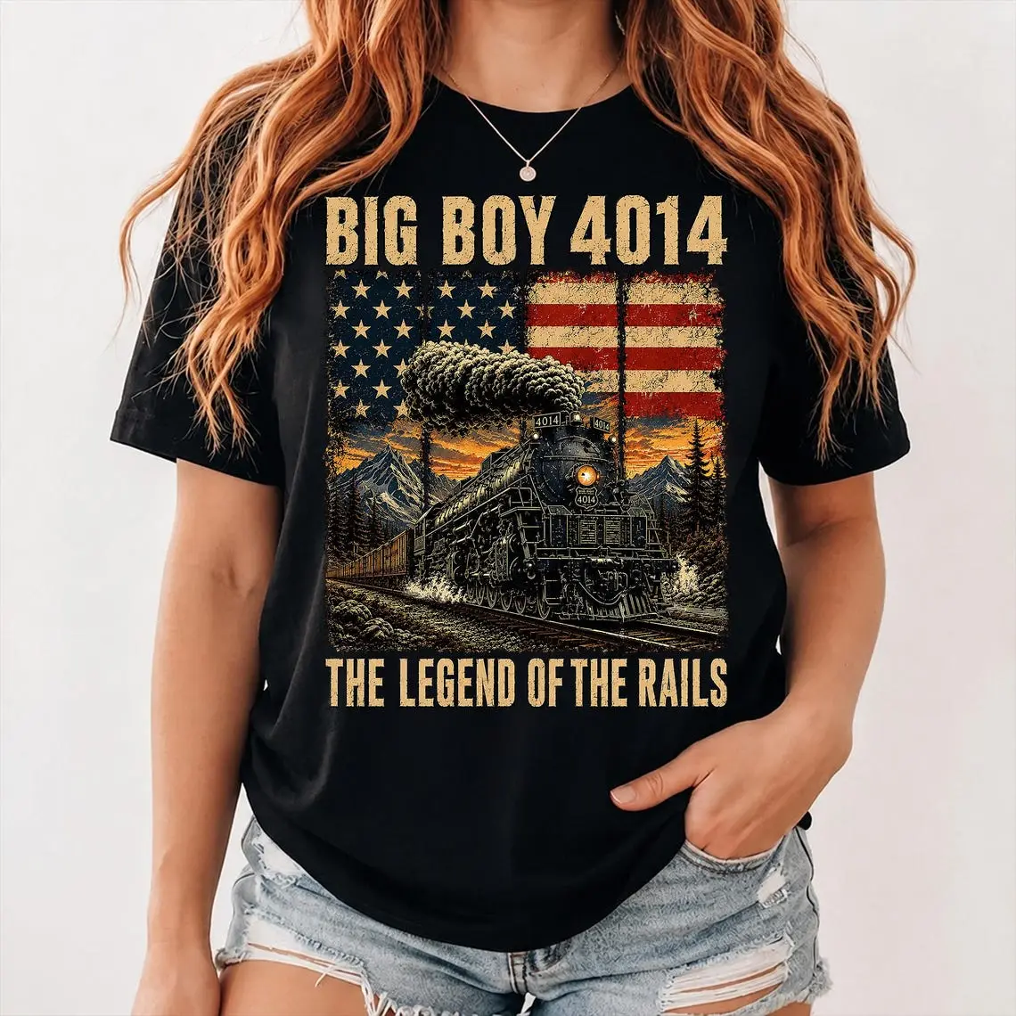 Big Boy 4014 The Legend Of The Rails Shirt, Vintage Steam Train Locomotive Tee, Retro Cream Distressed American Flag Mountain Top