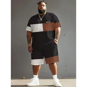 [Plus Size Sportswear] 1set Men's Plus Size Casual Sportswear Set - Black and White Block Print, Round Neck Short Sleeve T-Shirt and Shorts - Polyester and Spandex Blend, Knitted Fabric, Regular Fit - Comfort Fit