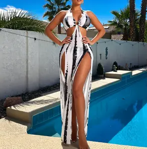 Black & White Tie-Dye Print Two-Piece Halter Bikini & Cover-Up Set - Triangle Halter Bikini Top with Ring Detail, Matching Sheer Mesh Maxi Dress with Waist Cutouts & High Slits, Abstract Brushstroke Pattern, Coordinated Resort Swimwear Summer Vibes