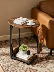 Folding Side Table End Couch Tables, Metal Frame C‑Shaped TV Stand for Sofa, Living Room, Bedroom, Bedside and Coffee Table Use in Compact Small Spaces (Vintage Wood Finish)