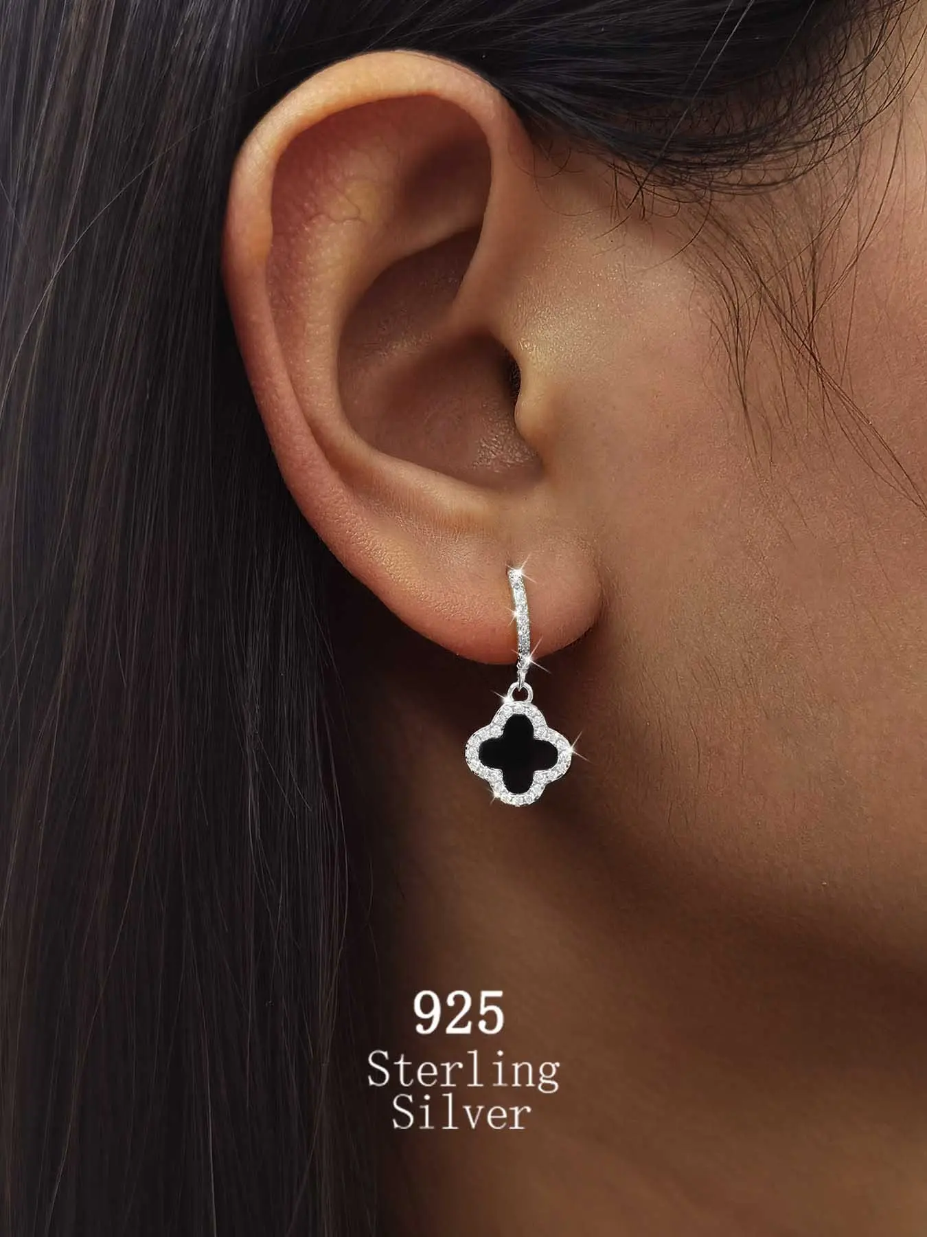 1 Pair Four-Leaf Clover Pendant Earrings with Black Onyx & Sparkling Zirconia, Unique Design Earrings, Perfect for Girls' Daily Wear, Banquets & Weddings | Ideal Gifts for Birthdays, Halloween & Christmas, Earrings Jewelry