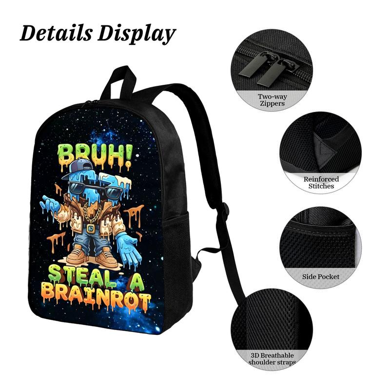Graffiti 'Bruh! Steal A Brainrot' 67 Print Backpack, Starry Sky Pattern Casual Daypack for School & Travel
