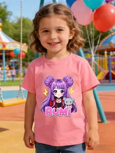 Girls' Cartoon Rumi Girl T-Shirt, Soft Breathable Skin-Friendly, Casual Summer Top, Perfect for Daily School and Anime Theme