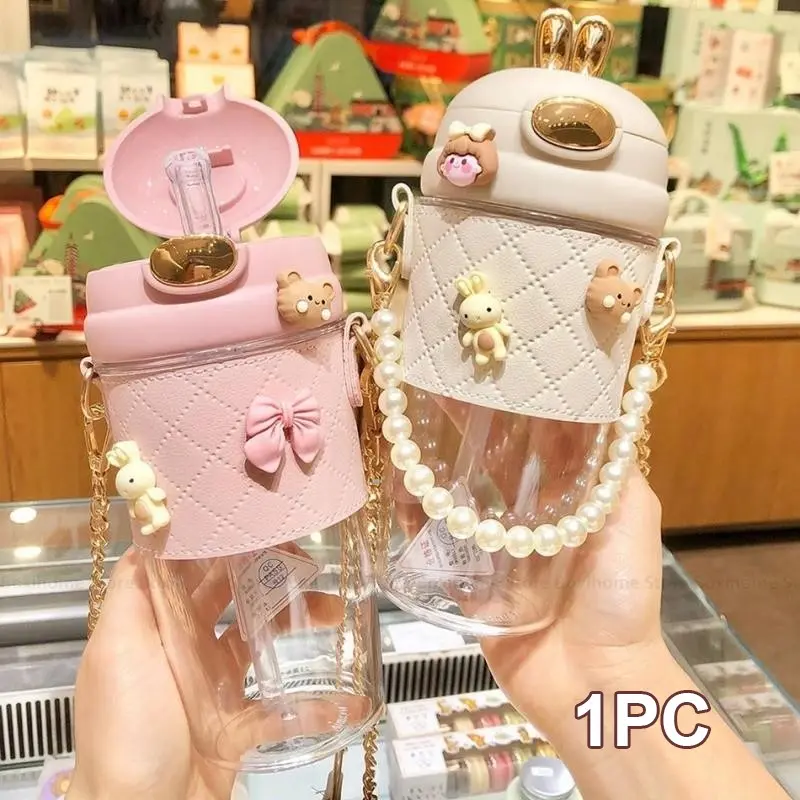 Kawaii Cute Straw Water Bottle with Strap Portable Leakproof BPA Free Drinking Cup for Girls Kids School Travel Outdoor Daily Use Includes 3D Patch & Bracelet Clear Water Bottle