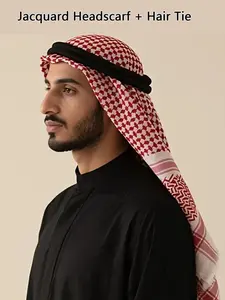 Men's Traditional Arabic Headscarf Set, Keffiyeh Wrap, Ethnic Pattern Loose-Fitting Headscarf with Hair Tie, All Seasons Middle Eastern Headwear, Cultural Accent