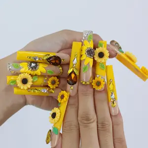 Sunflower Cat Eye Animal Print Press On Nails 10PCS XL Square Tips with 3D Charms Handmade Luxury Limited Set Shimmery Finish for Special Occasions Diy Rhinestone diy manicure kit easter summer