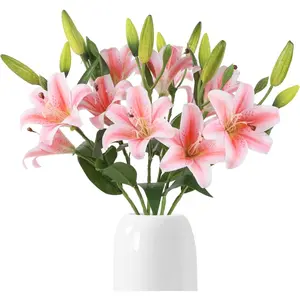 6PCS Artificial Lilies 26.7" Silk Lily Flowers with 12 Heads Fully Bloomed Lilies and 18 Buds, Long Stem Fake Lilies for Home Party Wedding Easter Decor(Pink)