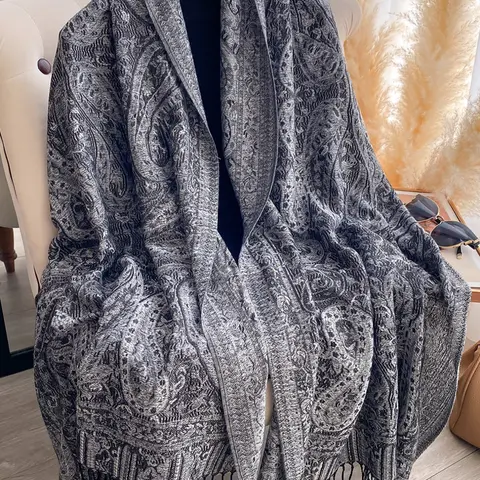 Elegant Boho Paisley Print Scarf, Long Fringe Design Soft Shawl, Suitable for All Seasons Daily Wear Head Wrap Accessory, Fringe Trim Shawl, Boho Style Scarf, Fashion Shawl