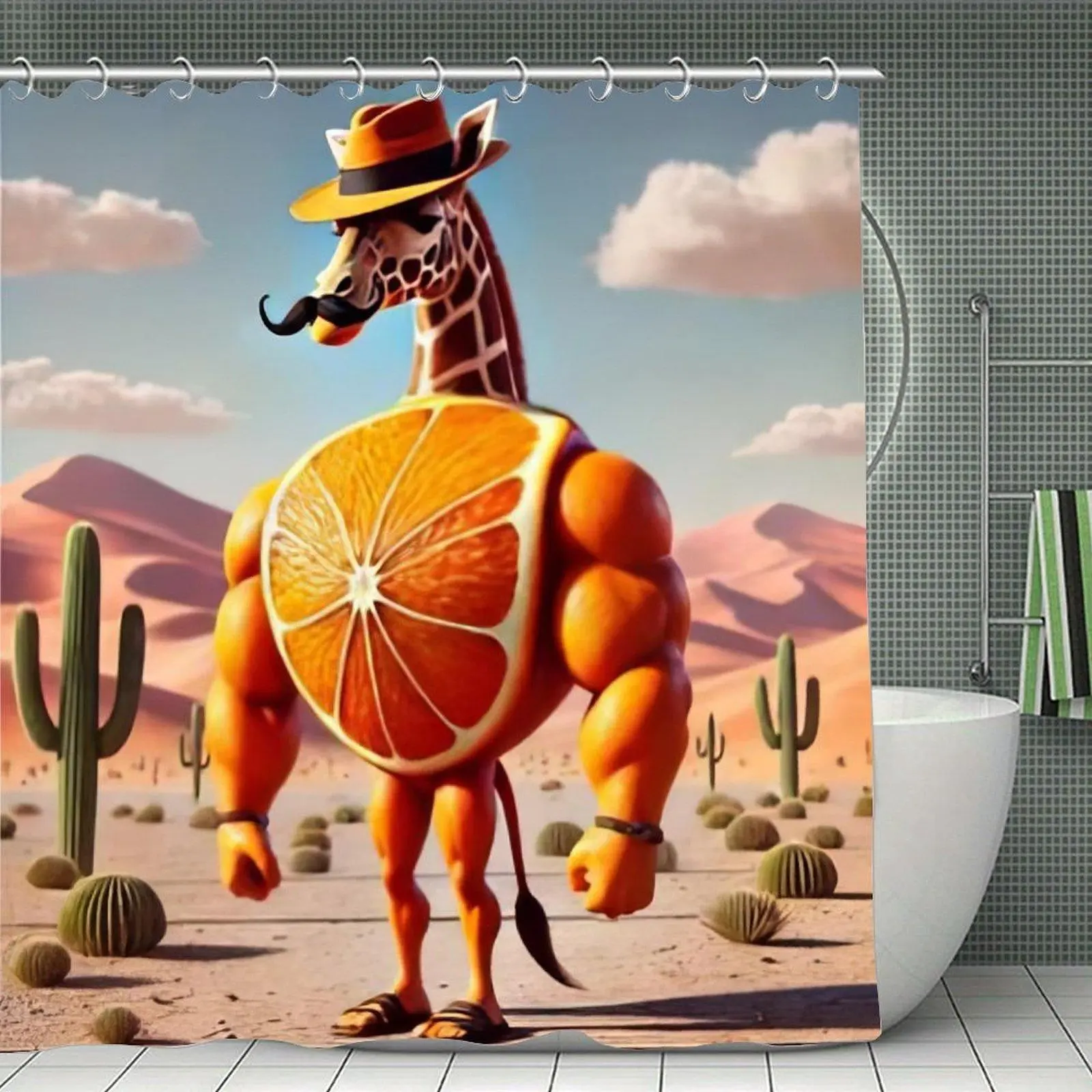 Waterproof Surreal Art Shower Curtain with Muscular Giraffe, Orange Slice, Body & Cowboy Desert Designs - Home Bathroom Shower Curtains Supplies