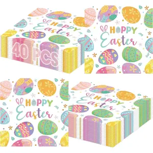 40 Pcs Happy Easter Napkins - 6.5 Inch Spring Watercolor Paper Napkins, 3-Ply Disposable Easter Eggs Floral Cocktail Napkin Tableware Set for Spring Easter Party Supplies Table Decorations Favors