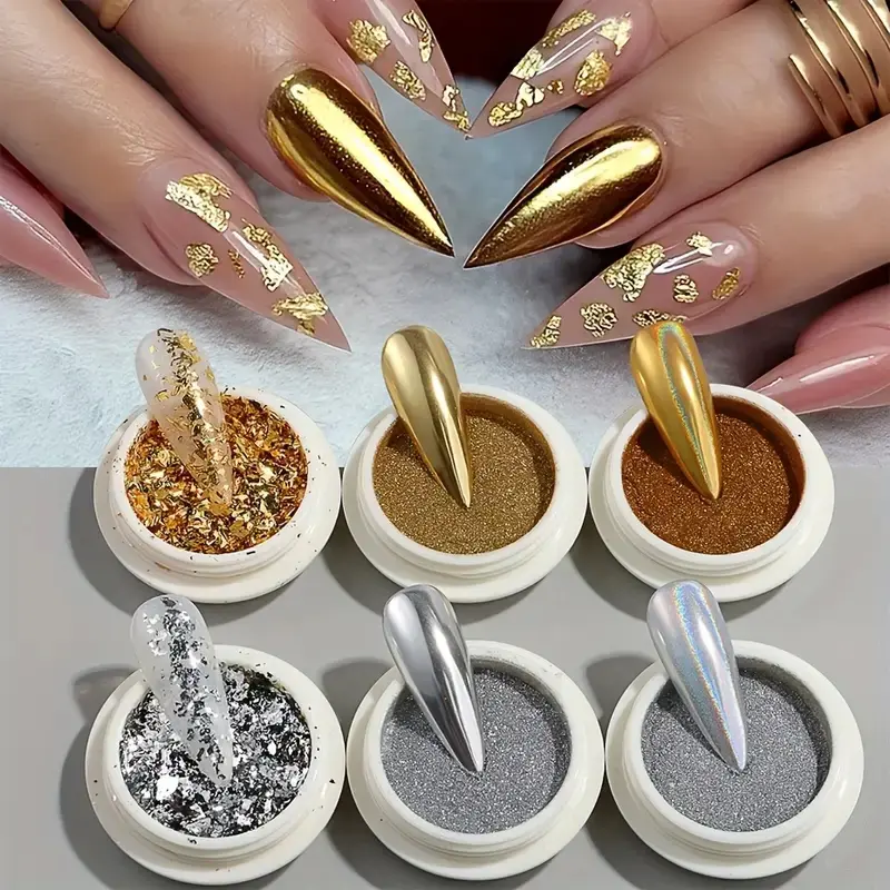 Gold Silver Metal Chrome Mirror Nail Powder, Nailcare Glitter Glow, Laser Glitter Foil with Irregular Pieces, Multi-Color Magic Mirror Effect, Oxide Titanium Nail Art Supplies, Nail Art Design, Crazy Nail Art, Nail Designs