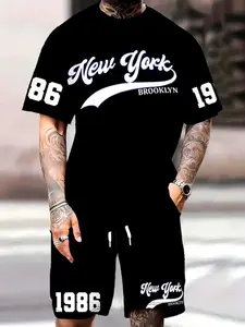 Men's 3D Printed Short Sleeve T-Shirt and Shorts Set, Fitted Casual Fashion for Outdoor Travel and Fitness, Perfect Holiday, Outfit