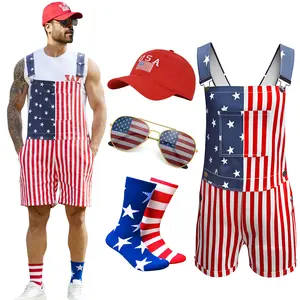 OeyFnbmO Independence Day 4-Piece Set American Flag Pattern Coveralls Shorts with Hat Glasses Socks 4th of July Bib Overalls Summer Casual Adjustable Memorial Day Romper Patriotic USA Fashion Men's Clothing Holiday Party Menswear Green Lucky Outfit