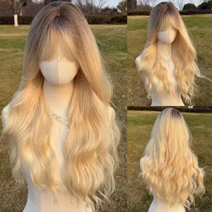 SMILCO 26-inch Ombre White Gold Loose Wave Synthetic Wig with Curtain Bangs SM8008 Premium Blonde Gradient Adjustable Cap Easy-to-wear for Parties & Everyday Use