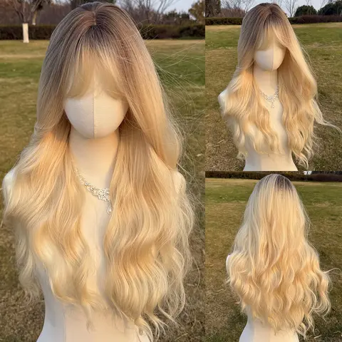SMILCO 26-inch Ombre White Gold Loose Wave Synthetic Wig with Curtain Bangs SM8008 Premium Blonde Gradient Adjustable Cap Easy-to-wear for Parties & Everyday Use
