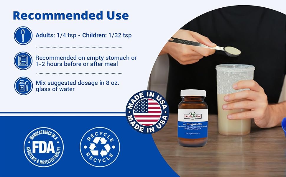 Foods For Gut Lactobacillus Bulgaricus Probiotic Powder 50 Billion cfu's | Made in USA | No Additives | Direct from Manufacturer | No Third-Party Storage | Immune Support | L. Bulgaricus