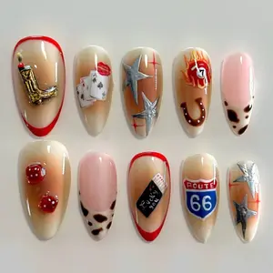 Alice WonderNails – Western Cowboy Press On Nails | Route 66, Dice, Cow Print Nail Art | Retro Rodeo Theme | Unique Handmade Nail Set – AW331