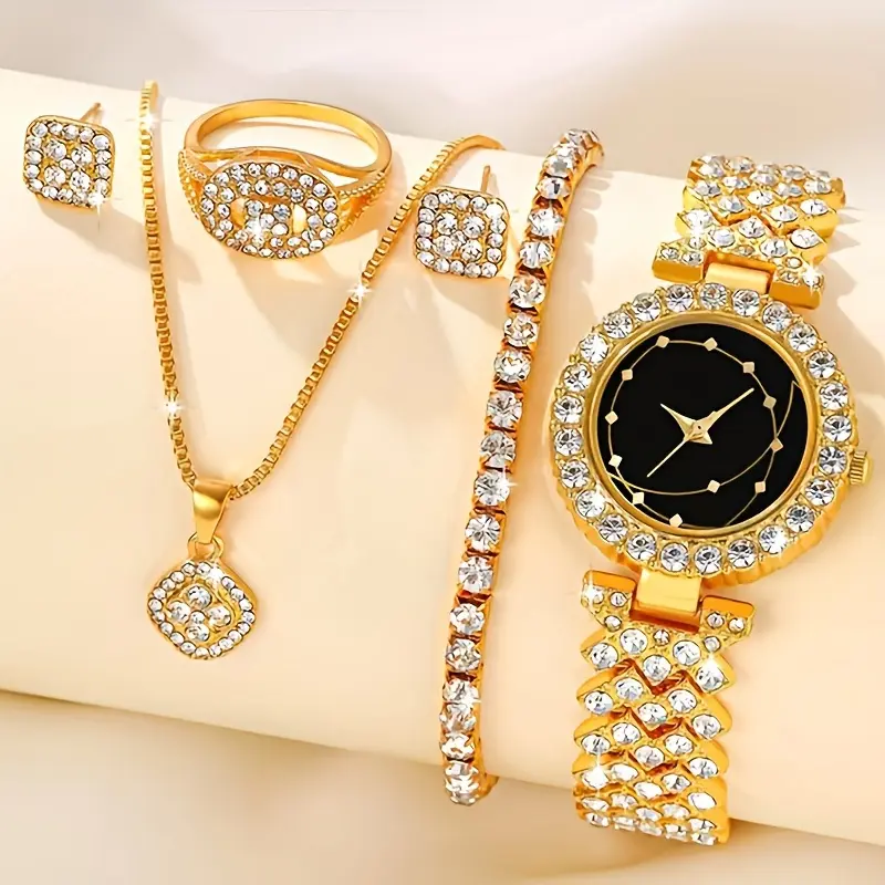 Women's Butterflies Set, 6-Piece Elegant Alloy Jewellery with Rhinestone Quartz Watch & Bracelets, Bedazzling Style for Daily Wear, Jewellery Gift Set, Quartz Dial