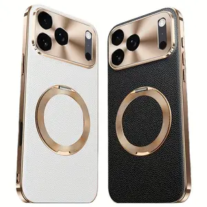Phone case: Premium Togo Genuine Leather Electroplated Phone Case for iPhone 17/16/15 Pro/Max with Wireless Charging and Magnetic Stand