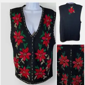 Vtg Bobbie Brooks Sweater Vest Christmas M Black Red Poinsettias Gold Metallic