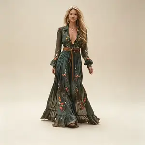 Women's Summer Floral Print Mesh Long Dress - Turn-Down Collar, Loose Vacation Casual Outfit