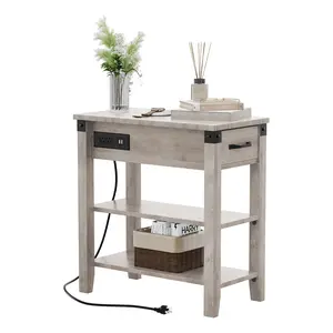 End Table with USB Ports and Outlets, 3-Tier Narrow Side Table with Drawer and Storage End Table Wood Farmhouse Bed Side Table/Night Stand for Living Room Bedroom Office, Grey