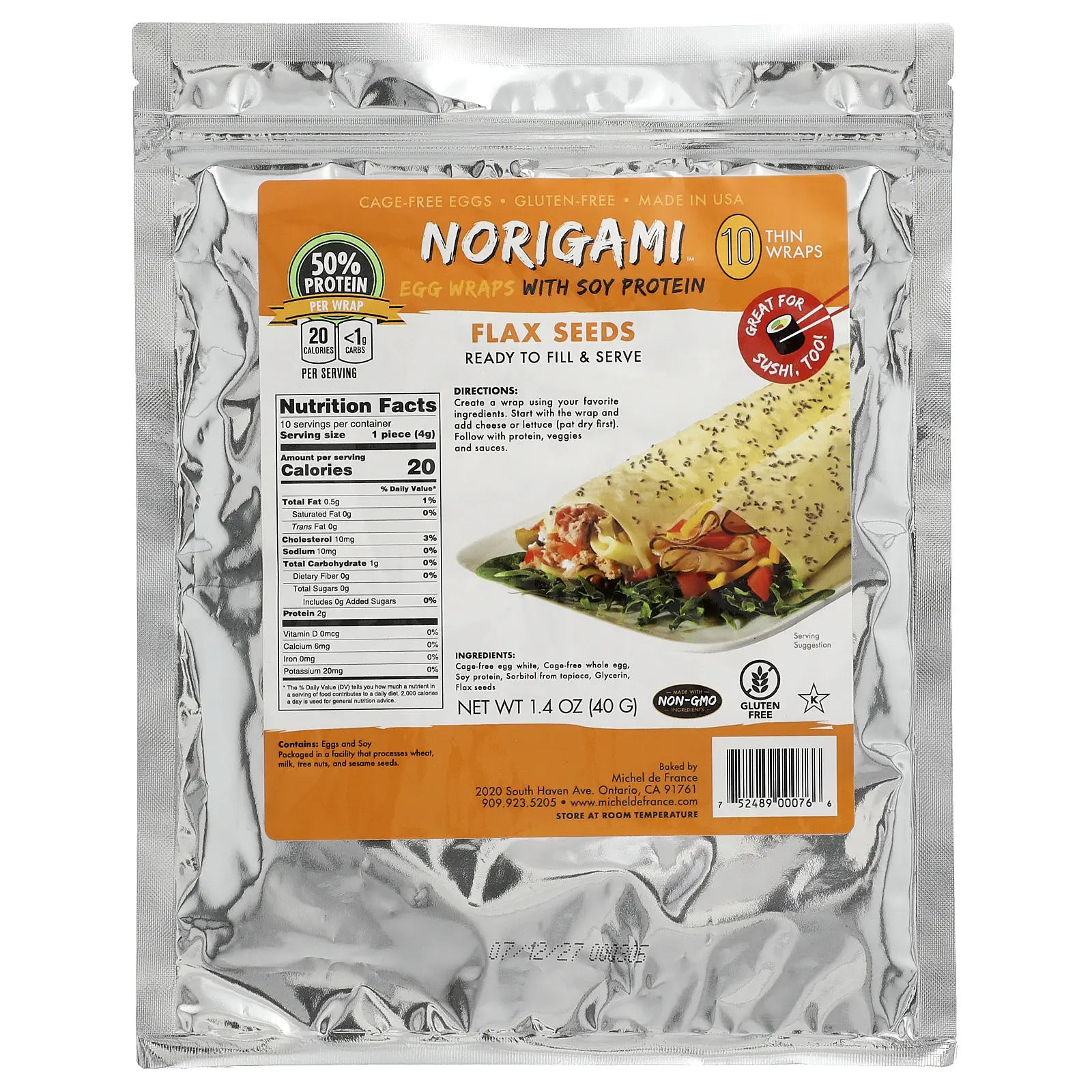 Norigami Egg Wraps With Soy Protein, Flax Seeds, 10 Thin Wraps,  1.4 oz (40 g)
