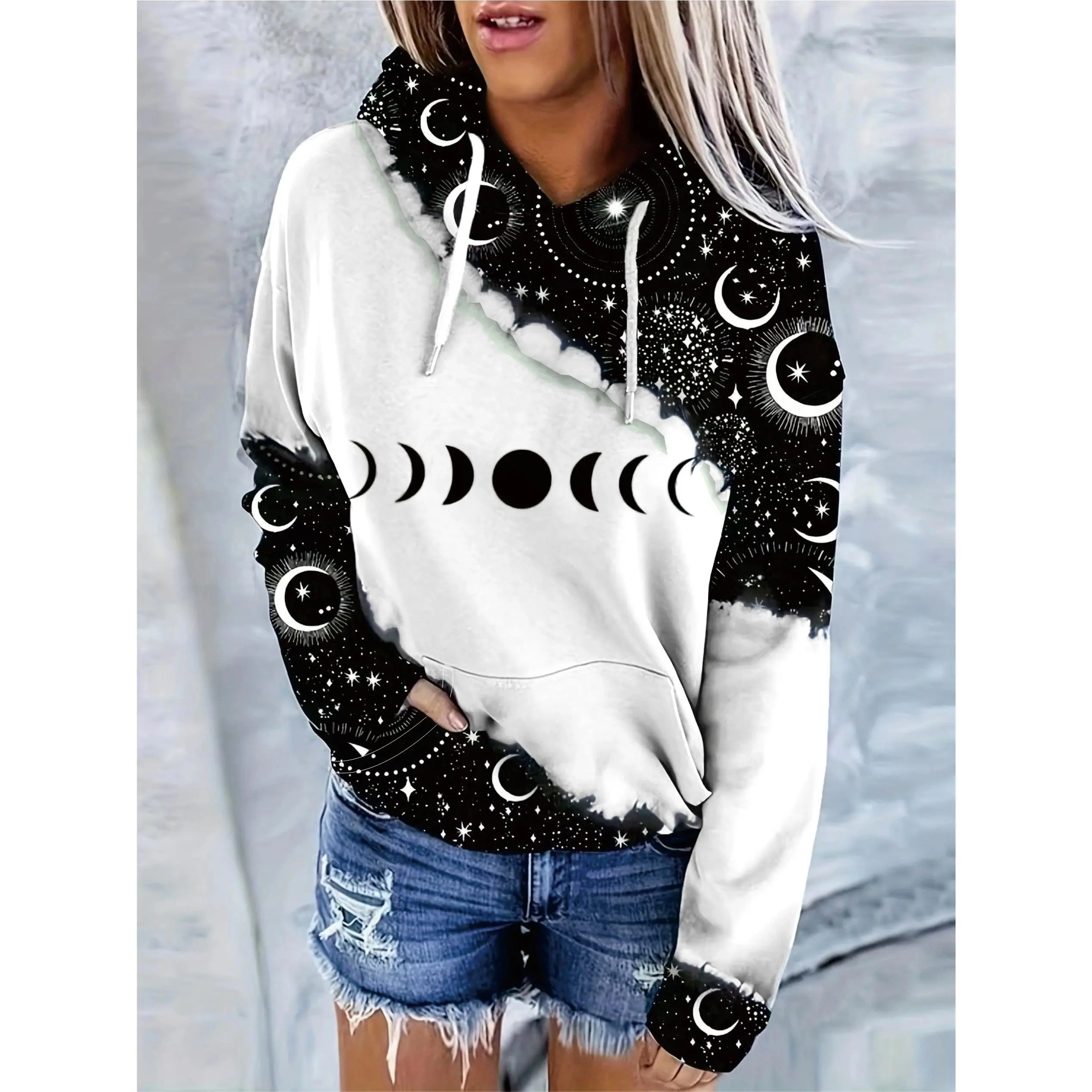 New[Moon Print Drawstring Hoodie] Color Block Moon & Star Print Drawstring Hoodie, Casual Long Sleeve Kangaroo Pocket Hoodie Sweatshirt, Women's Clothing