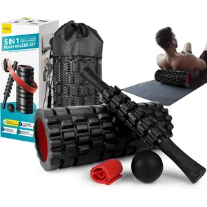 5-in-1 Foam Roller Set - Deep Tissue Muscle Recovery Kit with High Density Exercise Roller, Massage Ball, Resistance Band & Carry Bag for Physical Therapy & Pain Relief (Black)