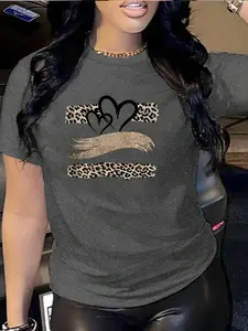 Women's Casual Fashion Loose Round Neck Short Sleeve Top, Heart Print Loose T-Shirt, Comfortable Fitted Style, Perfect for Daily Wear, Everyday