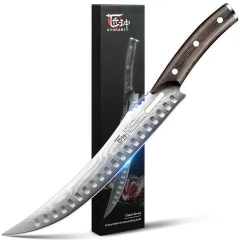 SYOKAMI 10.5" High Carbon Stainless Steel Japanese Butcher Knife - Full Tang Hygroscopic Wooden Handle with Gear Teeth for Slip Reduction, Damascus Pattern Blade, Razor Sharp Cooking Utensil, Gift Boxed with 1" Steak Measure