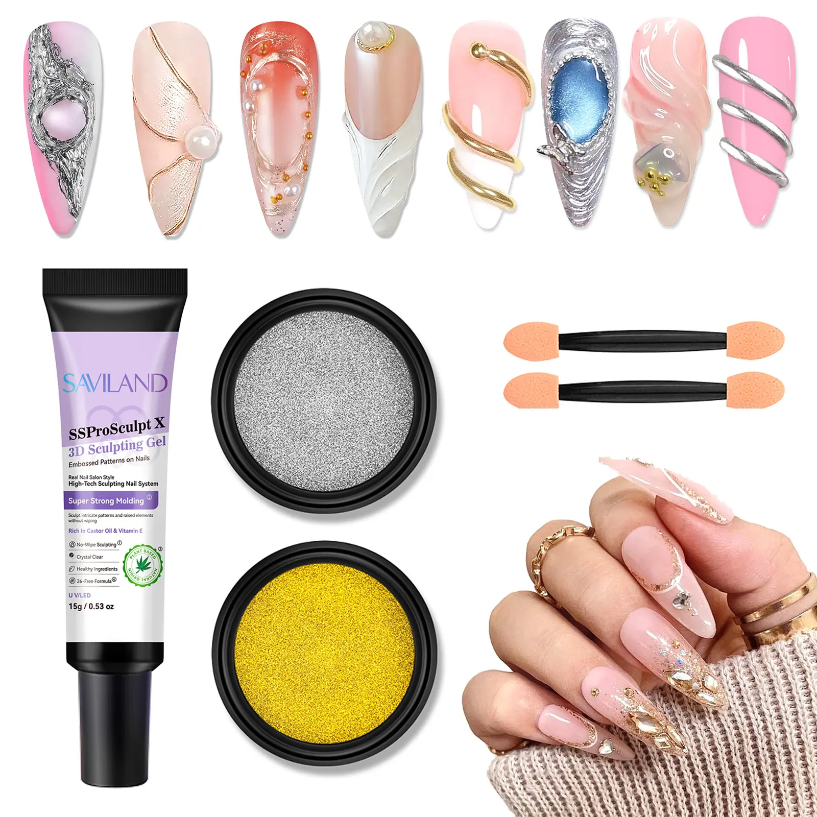 3D Nail Gel, Golden & Silver Chrome Powder