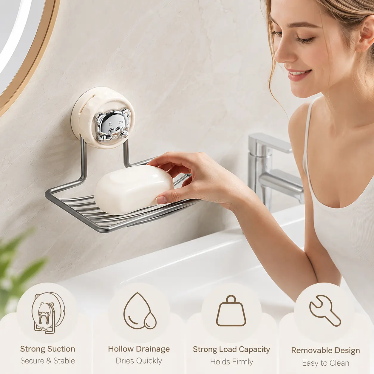1 Count Wall Mounted Suction Soap Dish Holder, Hollow Draining No-Drill Detachable Rack for Bathroom Kitchen Sink Organization