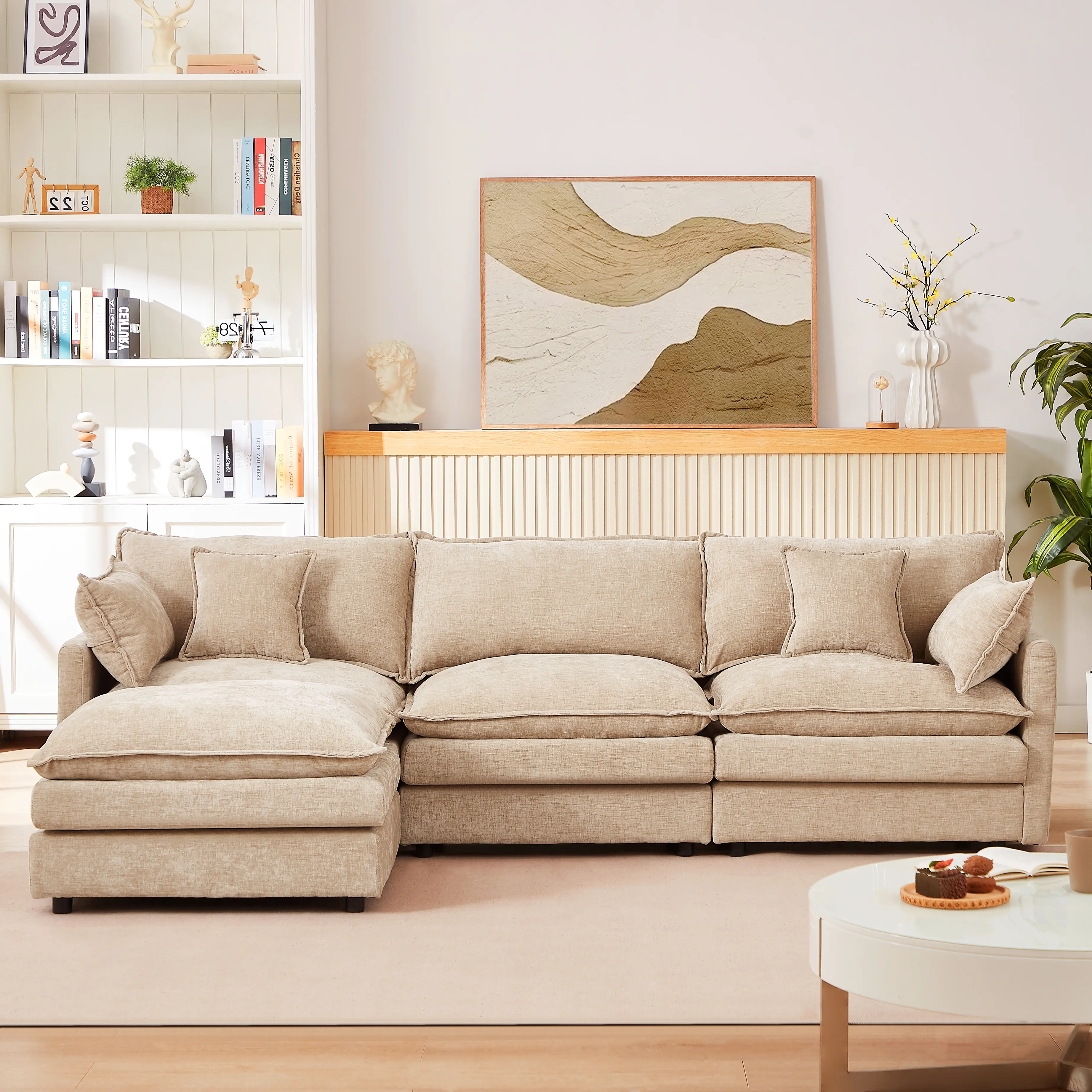 Chenille Upholstered Sectional Sofa with Ottoman, 105" L-Shape Modern 3-Seater Convertible Indoor Living Room Furniture, Plush Deep Seat, Removable Cushions