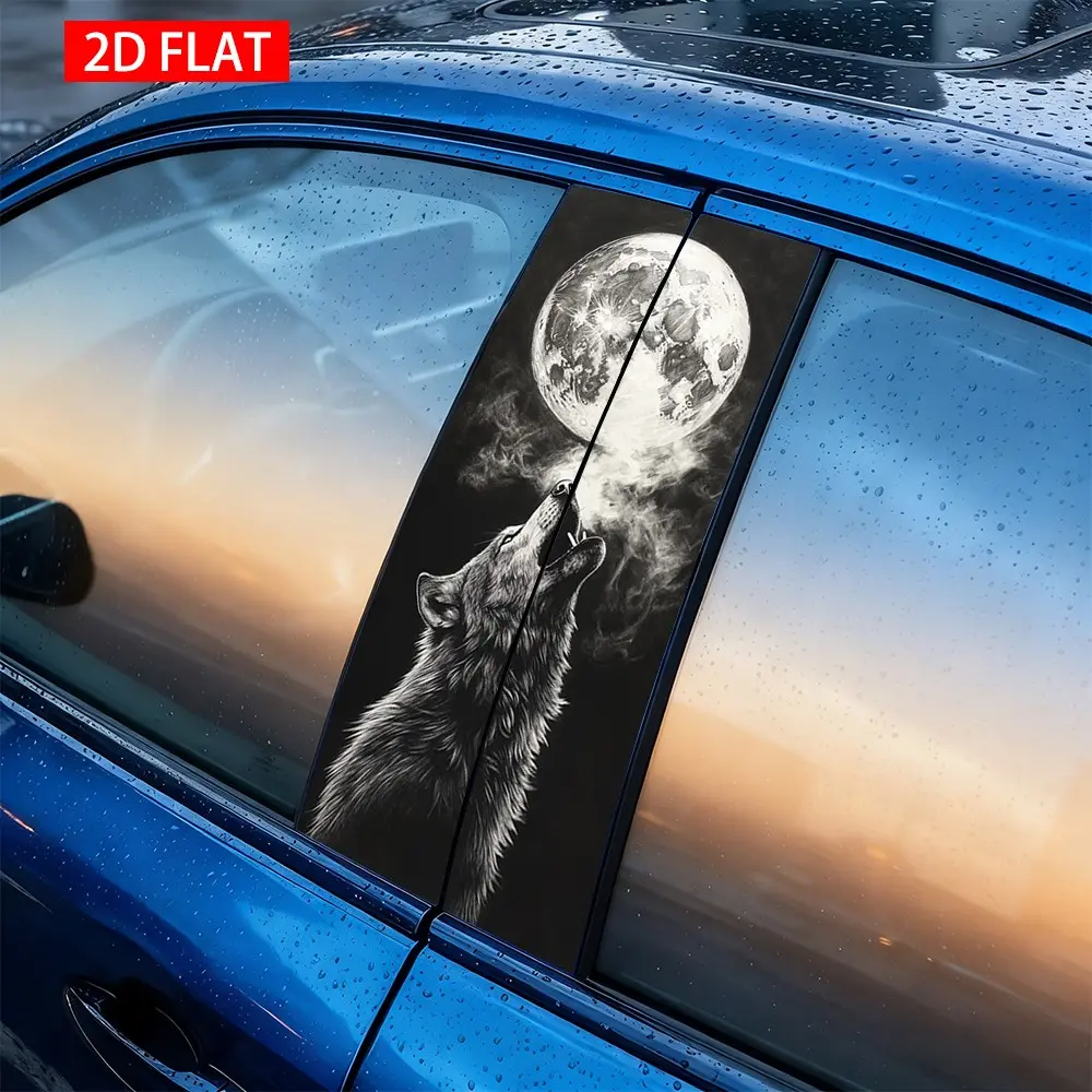 2 Pack Wolf Howl Moon Full Moon Theme Car B Pillar Stickers, Automobile Decals, Polyester Self-Adhesive Waterproof Scratch-Resistant Exterior Decorations, Stickers For Cars