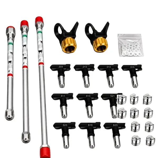 Airless Paint Spray Tip Set with 10 Reversible Tips, 2 Gold Sprayer Duck Seats, 25 Pieces Total, Guards, Extension Poles, Compatible with Graco, Wagner, Titan Spray Guns, Painting Tools, Paint Accessories