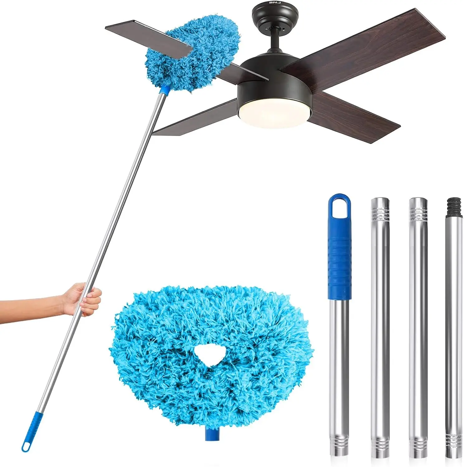 Reusable Microfiber Ceiling Fan Duster Tool, 13-48 in Adjustable Aluminium Extension Pole, Lightweight Soft Blue Household Duster for Indoor Fan, Wall Cleaning