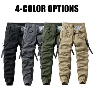 Men’s American-style functional cargo jogger pants with decorative trim, elastic drawstring waist, long length—ideal for outdoor casual sports