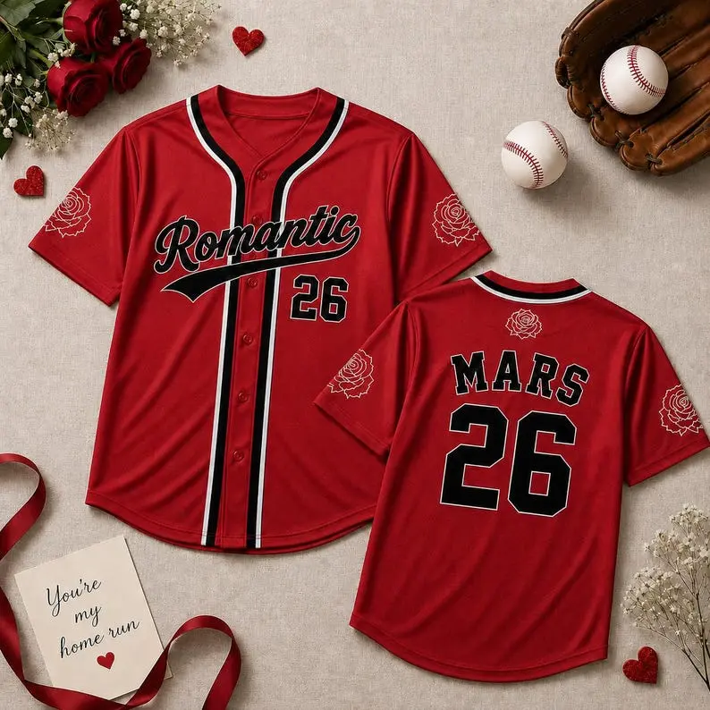 Romantic Concert Baseball Jersey, Custom Name Number Red Rose Jersey, Music Fan Button Down Shirt, Festival Outfit