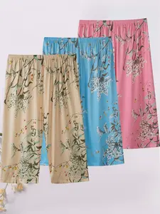 3-Pack Floral Leaf Print Sleep Pants, Loose-Fit Summer Pajama Shorts, Casual Home Wear, Loungewear, Plus Size, Lightweight, Comfortable, Women's