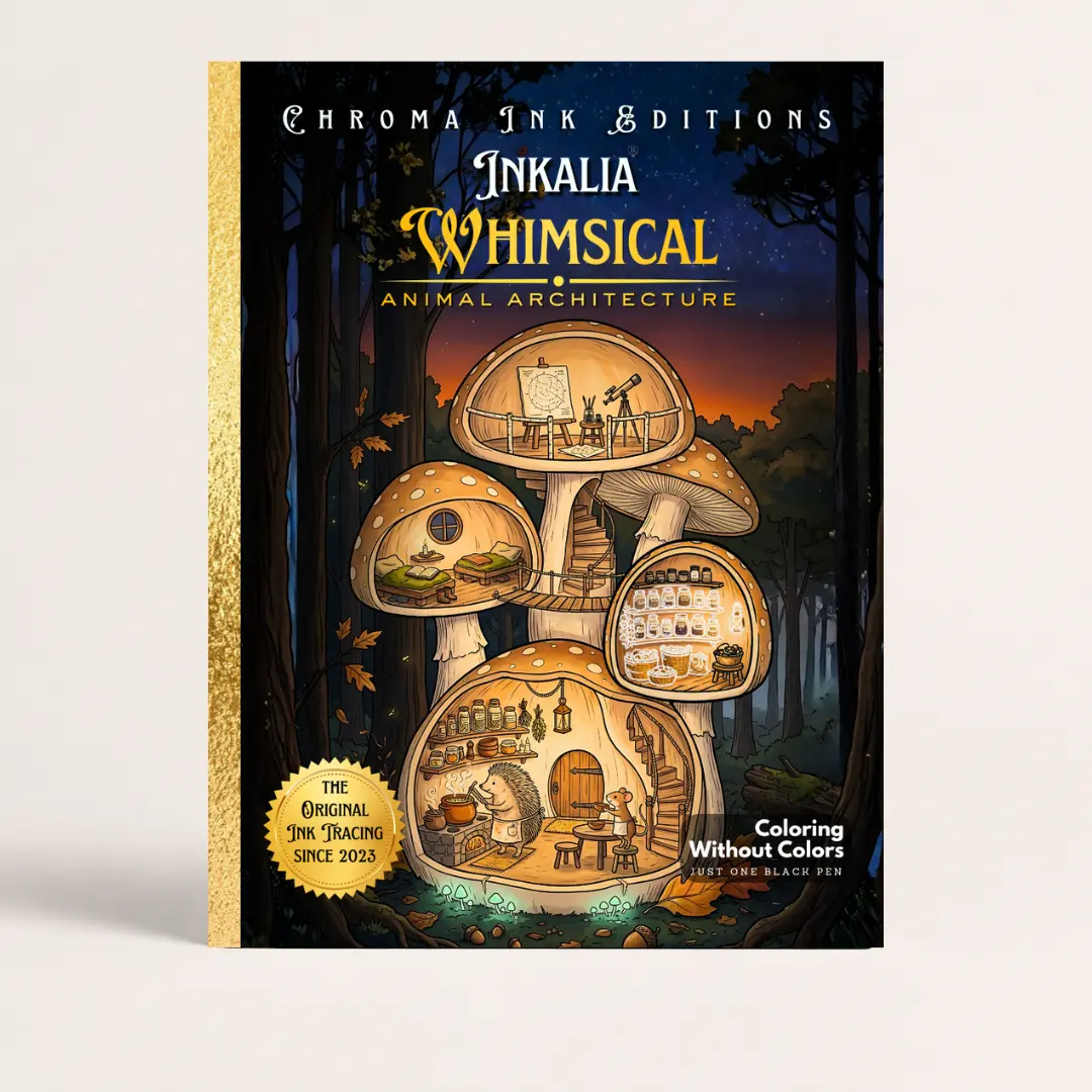 Inkalia Whimsical Animal Architecture Vol. 2: Cozy Animal Homes & Hygge Spaces. Ink Tracing Coloring Book for Adults and Teens: Bold and Easy Stress Relief Activity Books