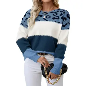 Libsorge Women's Oversized Cute Color Block Leopard Sweaters Fall 2024 Causal Cozy Ribbed Knit Crewneck Pullover Sweater