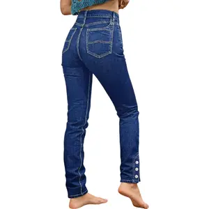 Flamingals Button Decor Stitch Detail High Waist Skinny Jeans Womenswear Stretchy 28.7" Inseam