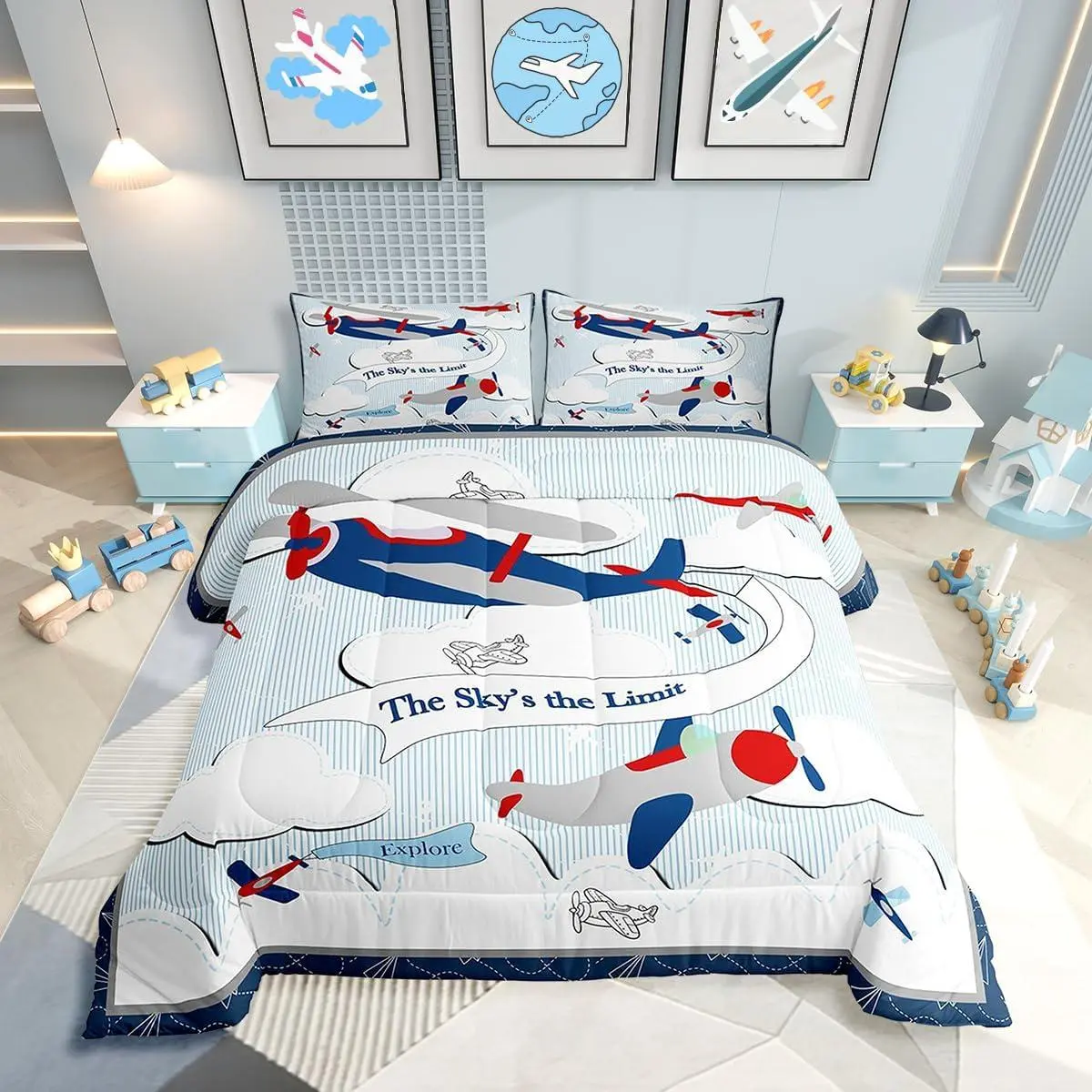 Helicopter Comforter Baby Nursery Bedding Set for Boys Airplane Bed Comforter Set,Cartoon Aircraft Blue Plane Sketch Lines Duvet Set,