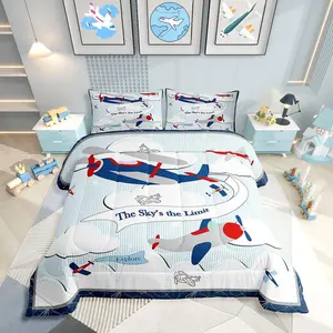 Helicopter Comforter Baby Nursery Bedding Set for Boys Airplane Bed Comforter Set,Cartoon Aircraft Blue Plane Sketch Lines Duvet Set,
