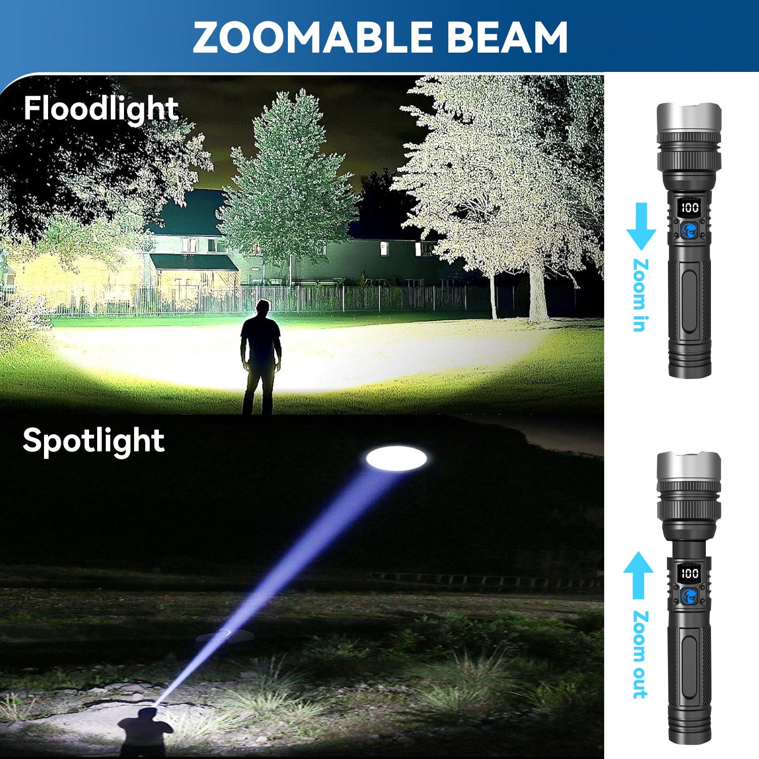 2-in-1 Rechargeable Flashlight + Power Bank,  High Lumen Super Bright, Zoomable Beam LCD Digital Power Display 3 Modes Pocket Waterproof Flashlight for Camping Hiking Home