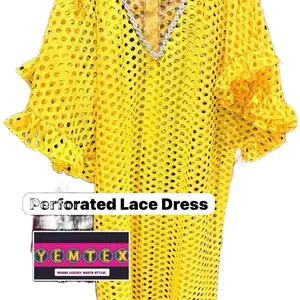 Elegant Yellow Perforated Women dress| women cloth | African women cotton dress| Party dress Casual Womenswear Comfortable Elegance Traditional Maxi Summer Fabric Long Sleeve, See through dress, Lace perforated dresss Vneck