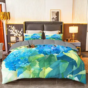 3pcs (1 comforter + 2 pillowcases) Bedding Set, All-Season Soft & Cozy, Hypoallergenic, Wrinkle & Fade Resistant, Easy-Care, Queen/King/Full Size, Hydrangea Watercolor Floral Pattern, Premium Durable Fabric for Bedroom Home Dorm